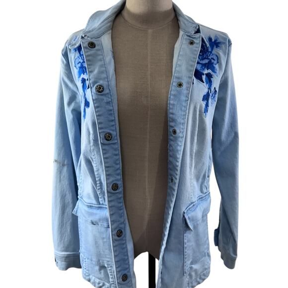 "ISAAC MIZRAHI LIVE" Bleached, Indigo Blue,Jean Jacket,Embroidered, Artsy,Whimsy - Picture 2 of 11